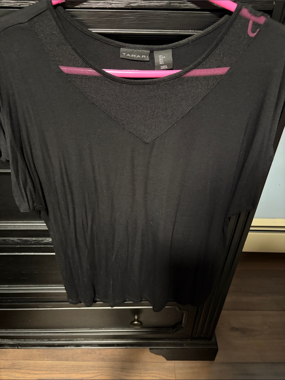 Tahari Black Short Sleeve Crew with V-Inset